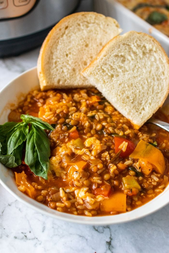Unstuffed peppers in a bowl garnished with basil